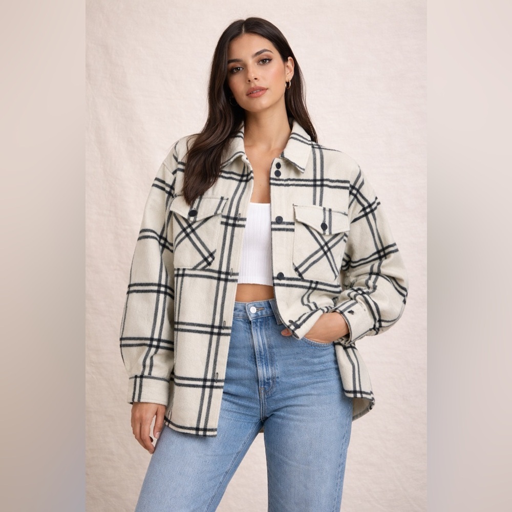 Thread & Supply Cream and Black Plaid Utility Jacket